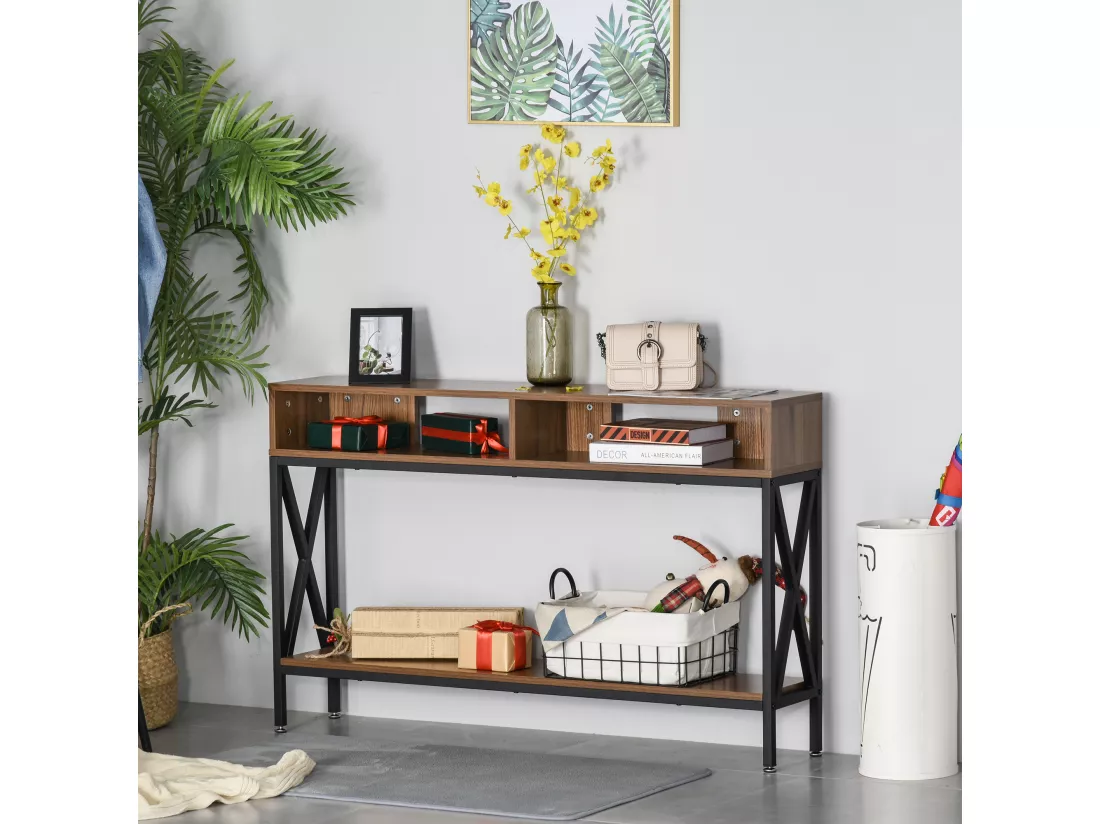 Table Console Table d'Entrée Industriel Multi-rangements 120 x 23,5 x 75 cm Bois Noyer