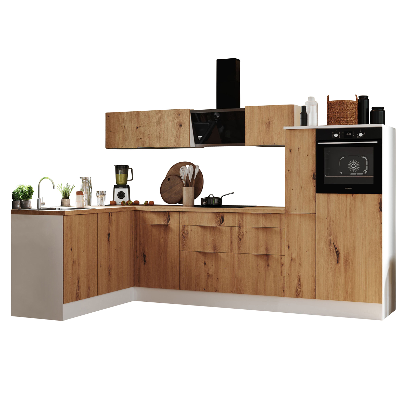 RESPEKTA Winkelküche - Artisan Eiche - weiß matt - mit E-Geräten - 310x175 cm