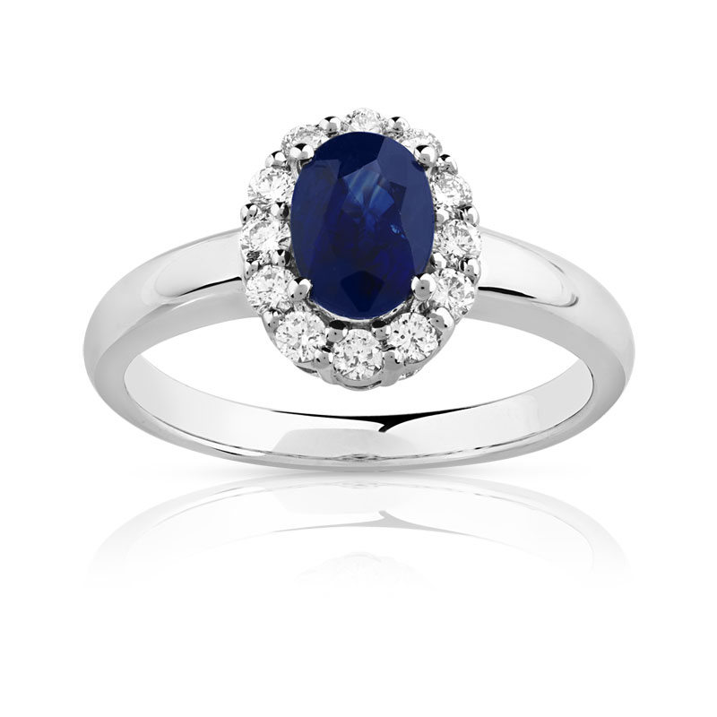 Bague or 750 blanc saphir ovale et diamants