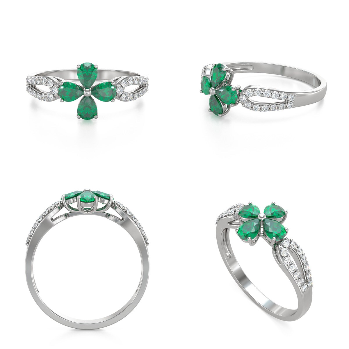 Bague Fleur Emeraude et diamants sur Argent 925 1.95grs