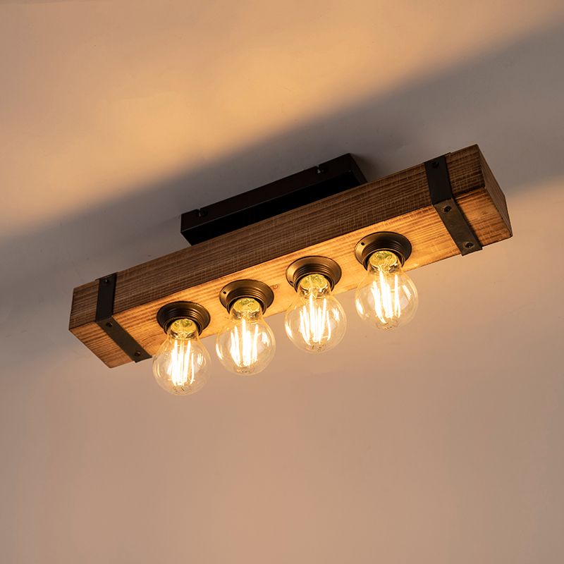 Industriële plafondlamp hout met staal 4-lichts - Reena