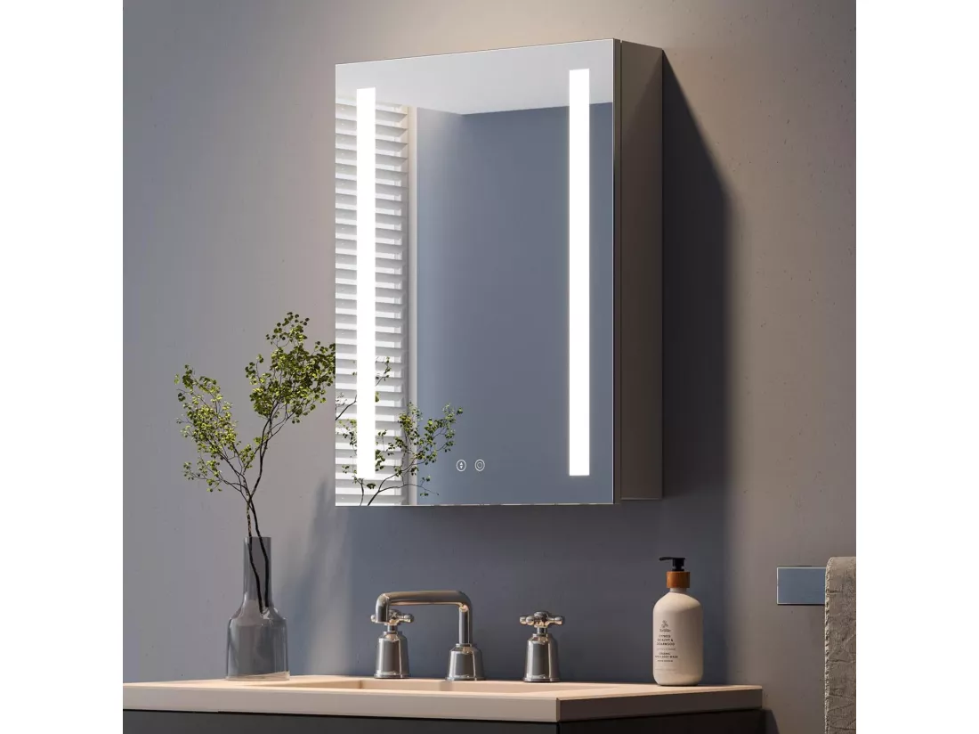 Armoire miroir de salle de bain, 3 couleurs réglable, avec LED et USB douille, 45x60x13cm