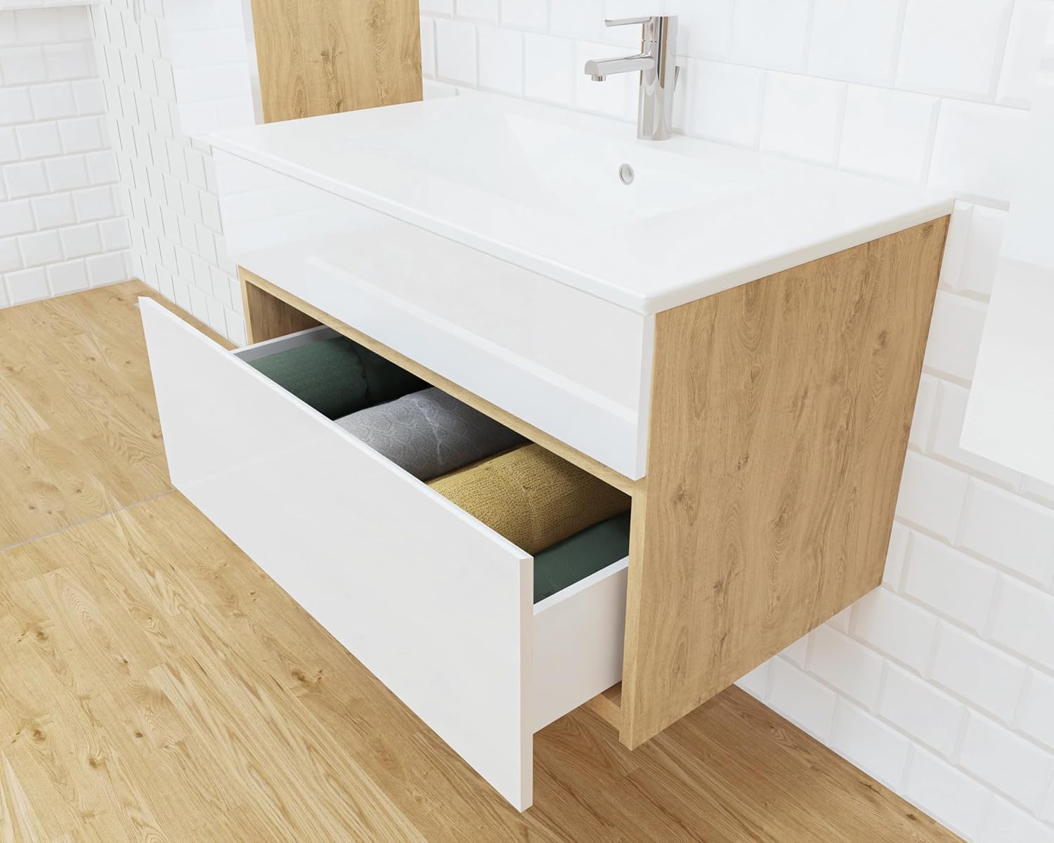 Stella Waschtischunterschrank – Hängend | Eiche Artisan | Weiß Hochglanz | 81,2 × 46,5 × 50 cm | Moderner Waschbeckenunterschrank mit Keramikwaschbecken | Waschbecken mit Unterschrank