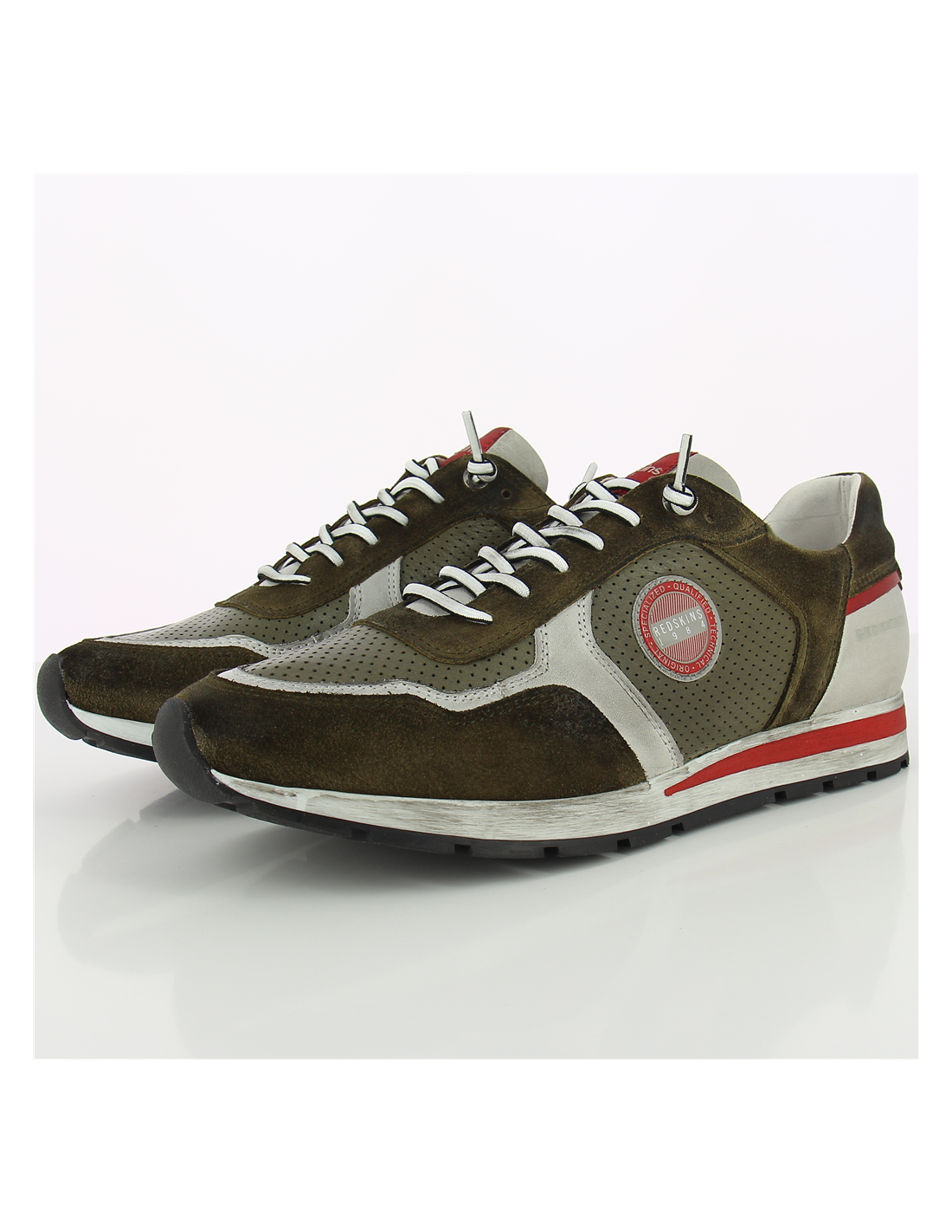 redskins baskets de ville homme stitch cuir kaki/gris/rouge