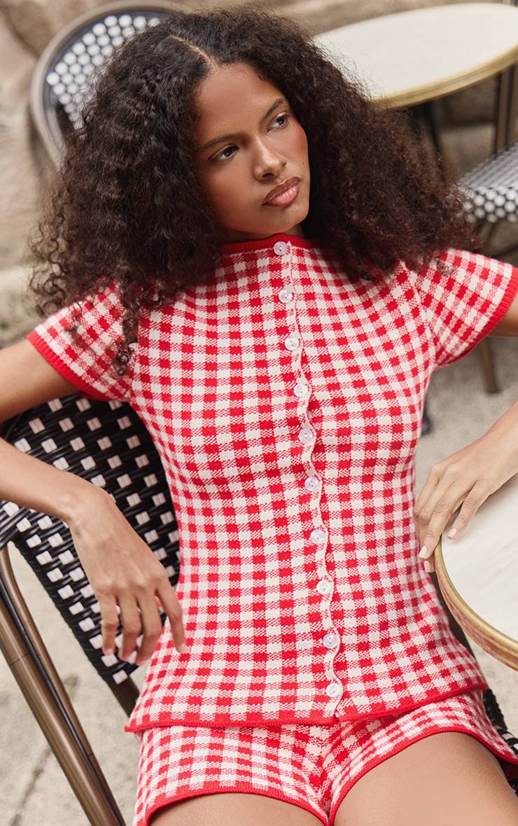 Rouge Haut À Manches Courtes En Maille Jacquard Vichy Avec Boutonnage