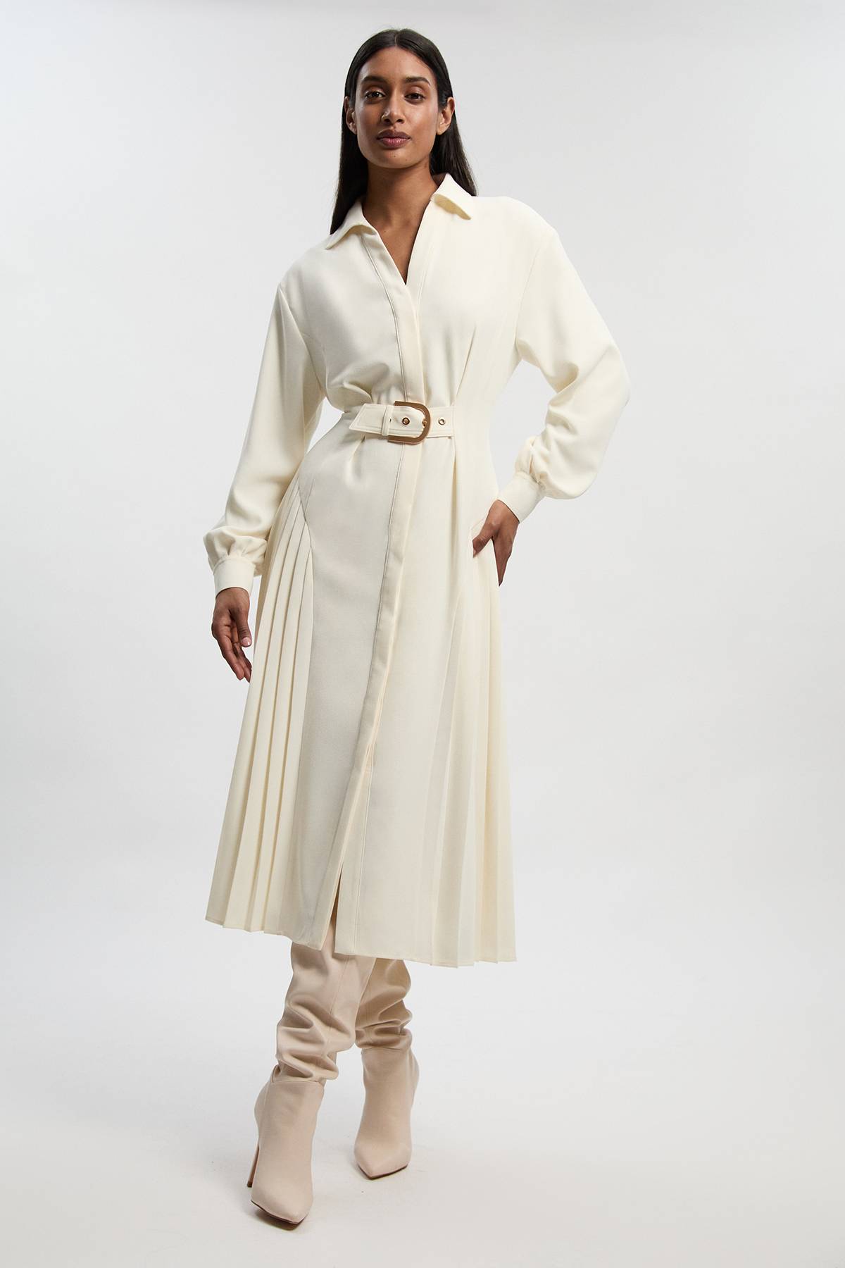 KarenMillen Robe Midi Plissée en Crêpe Ajustée avec Ceinture