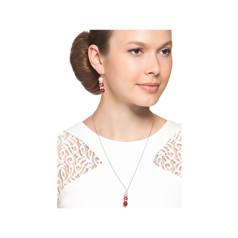 Parure Collier et Boucles d'oreilles Perles Roses, cristal et Plaqué Rhodium