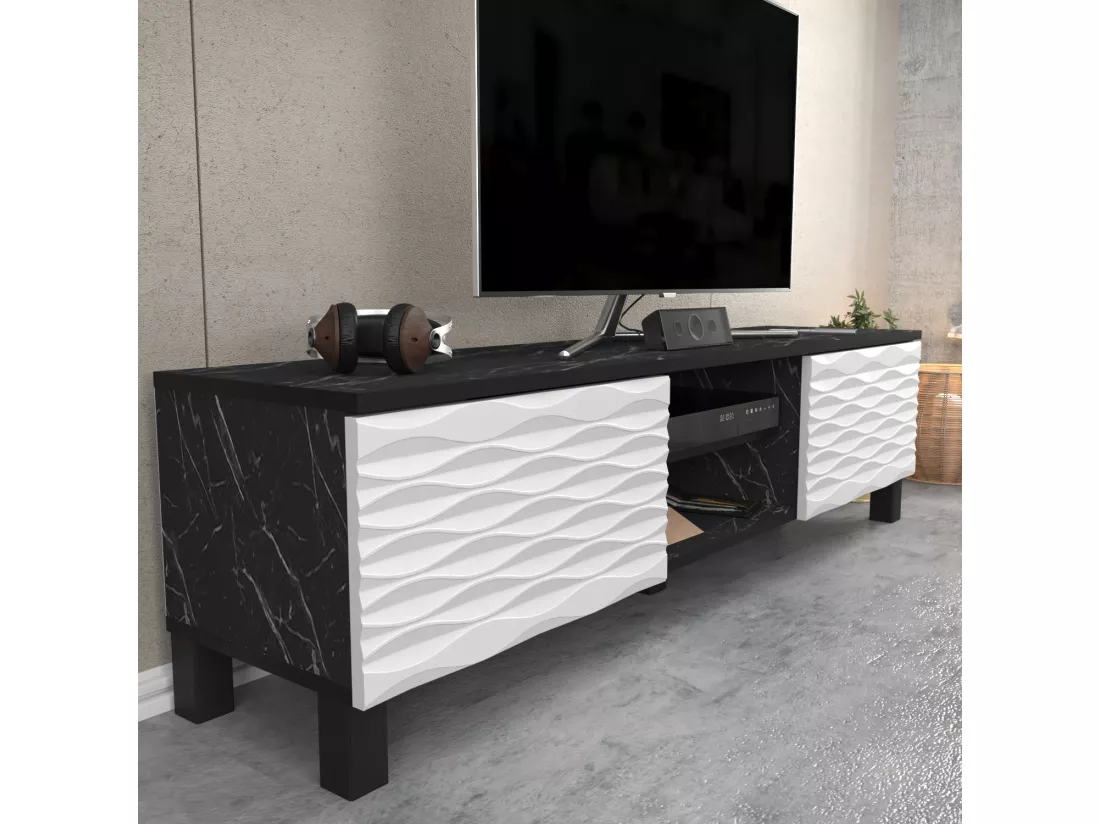 Meuble TV Lukas de 150 cm avec Armoires et Etagères Ouvertes (Effet marbre noir et blanc)