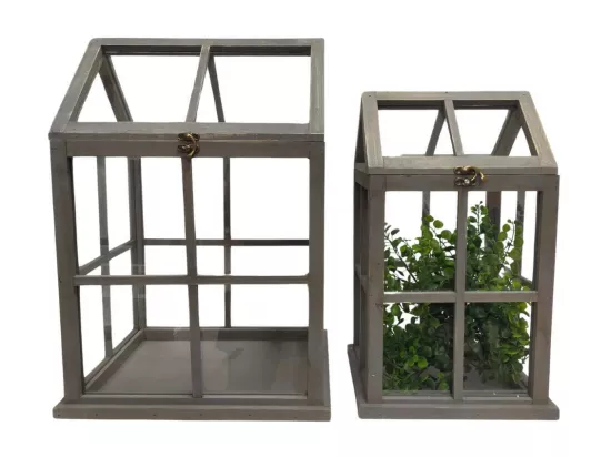 Set de 2 mini serres d'intérieur en bois gris et verre