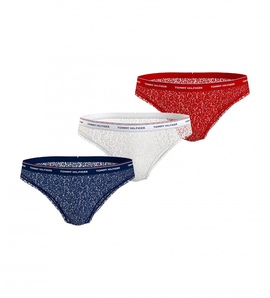 Conjunto de 3 calcinhas de renda Tommy Hilfiger nas cores azul-marinho, branca e vermelha.