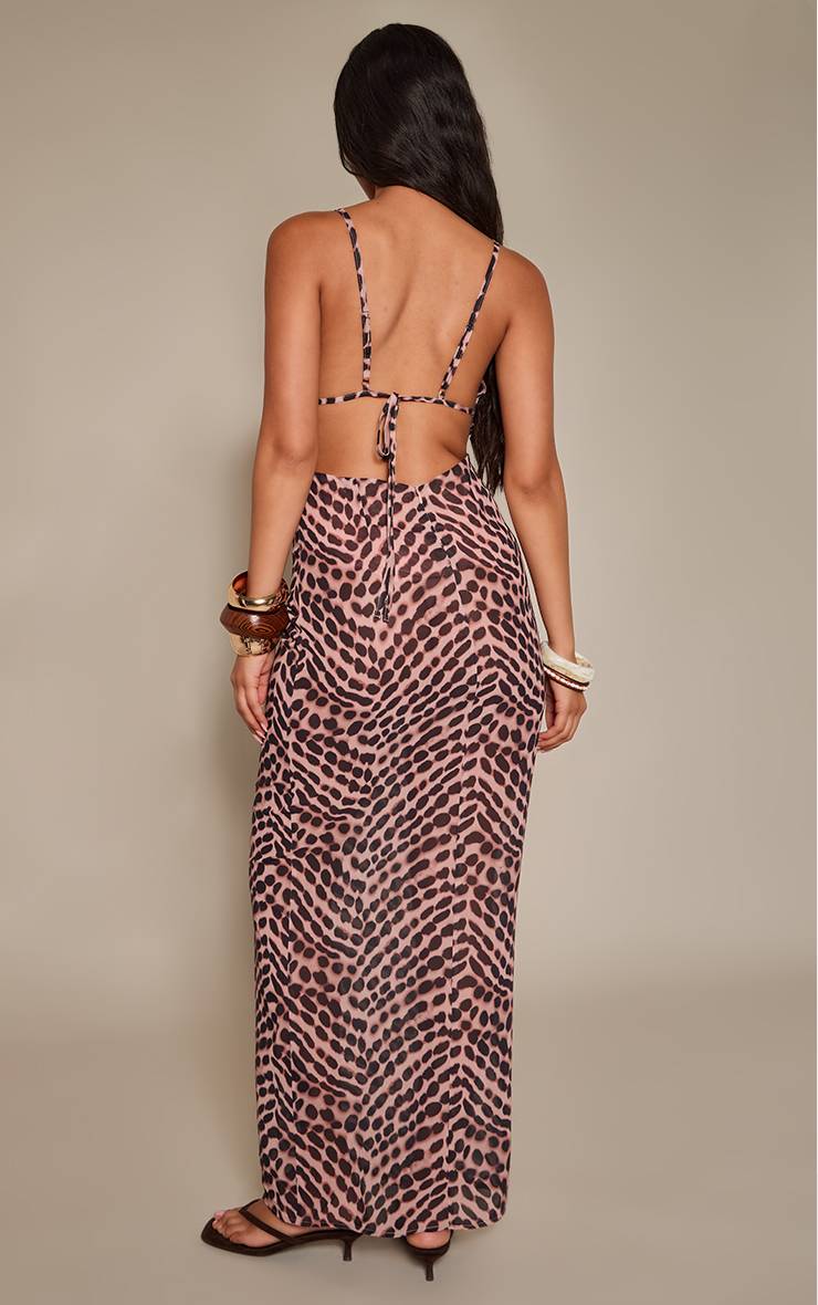 Marron Robe Longue En Mousseline À Découpe Goutte D'eau Et Imprimé Encre