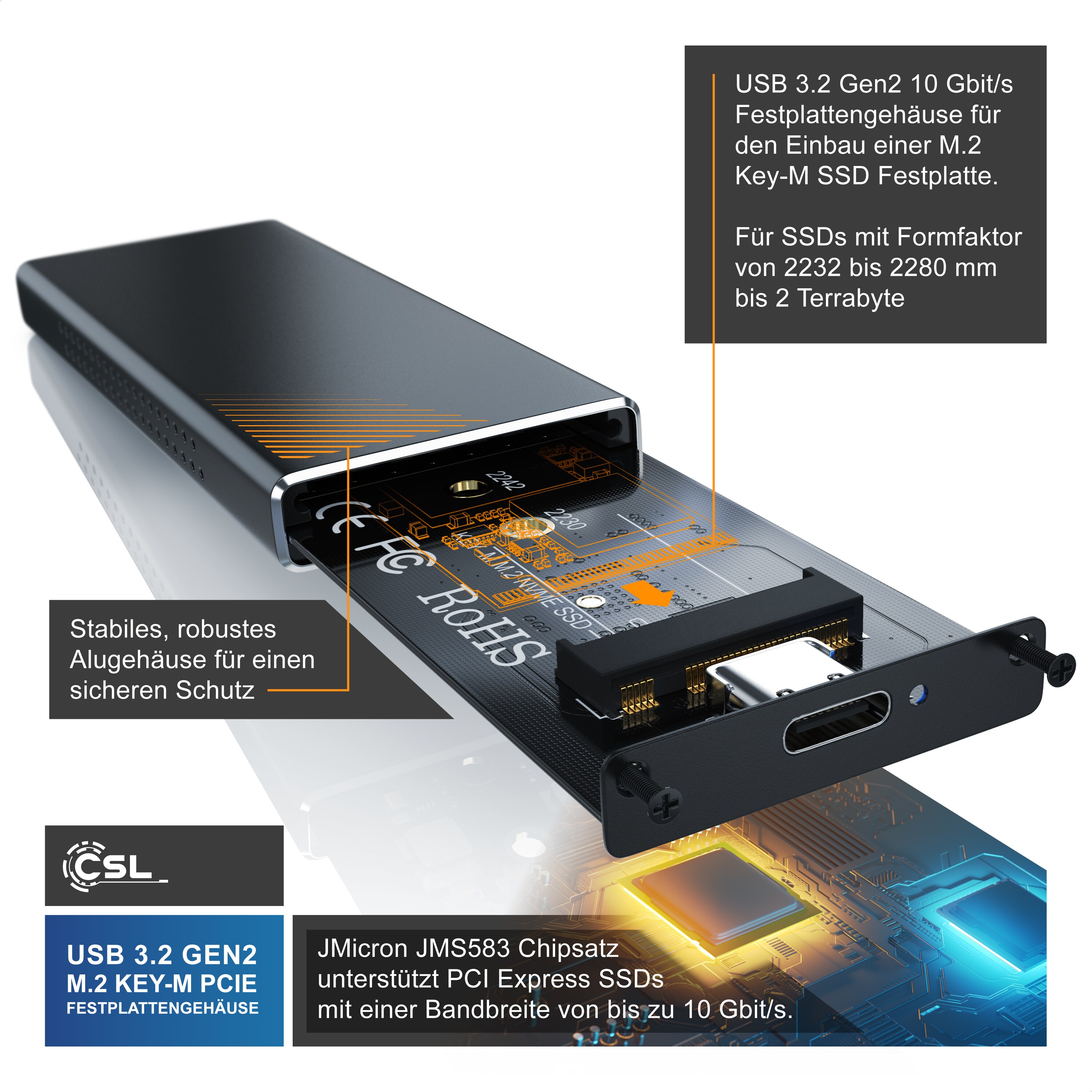 CSL M.2 Key-M PCIe Festplatten-Gehäuse extern USB 3.2 für NVME M.2 SSDs / unterstützt UASP