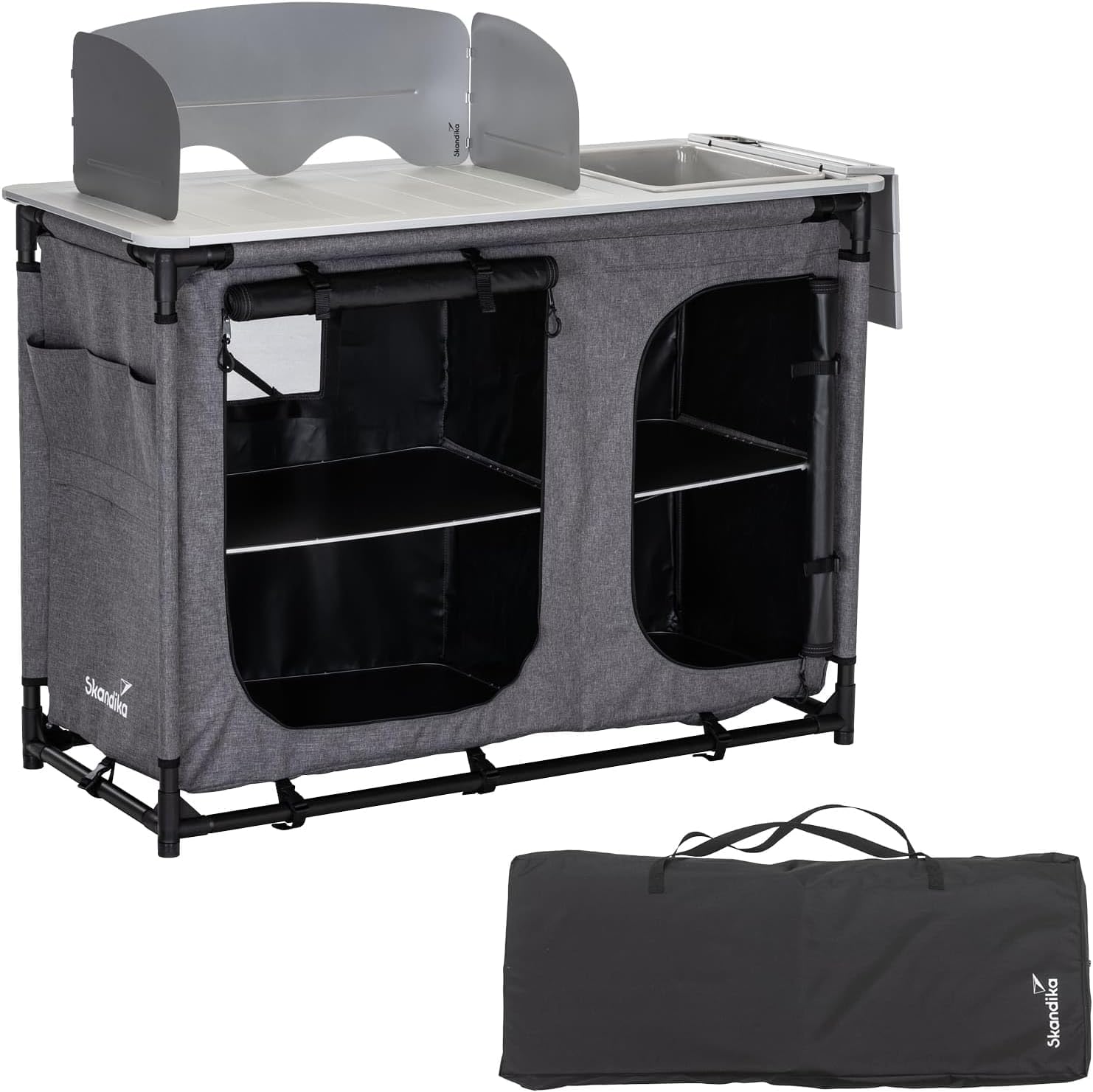 Skandika Campingküche Ruoka | Hochschrank/Küchenschrank mit Spüle & Wind- und Spritzschutz, Staufächer mit Einlegeböden, Tragetasche, Outdoorküche, Campingschrank | Outdoor Camping Küche, Reiseküche
