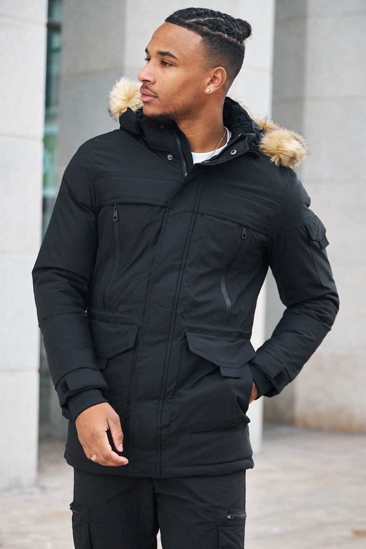Parka bi-matière noire à capuche en fourrure