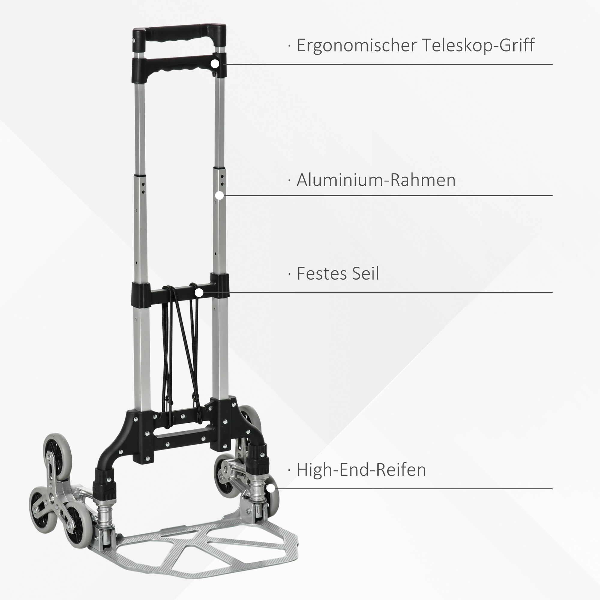 DURHAND Sackkarre mit 6-Rollen für Treppen silber, schwarz 47L x 47B x 100H cm