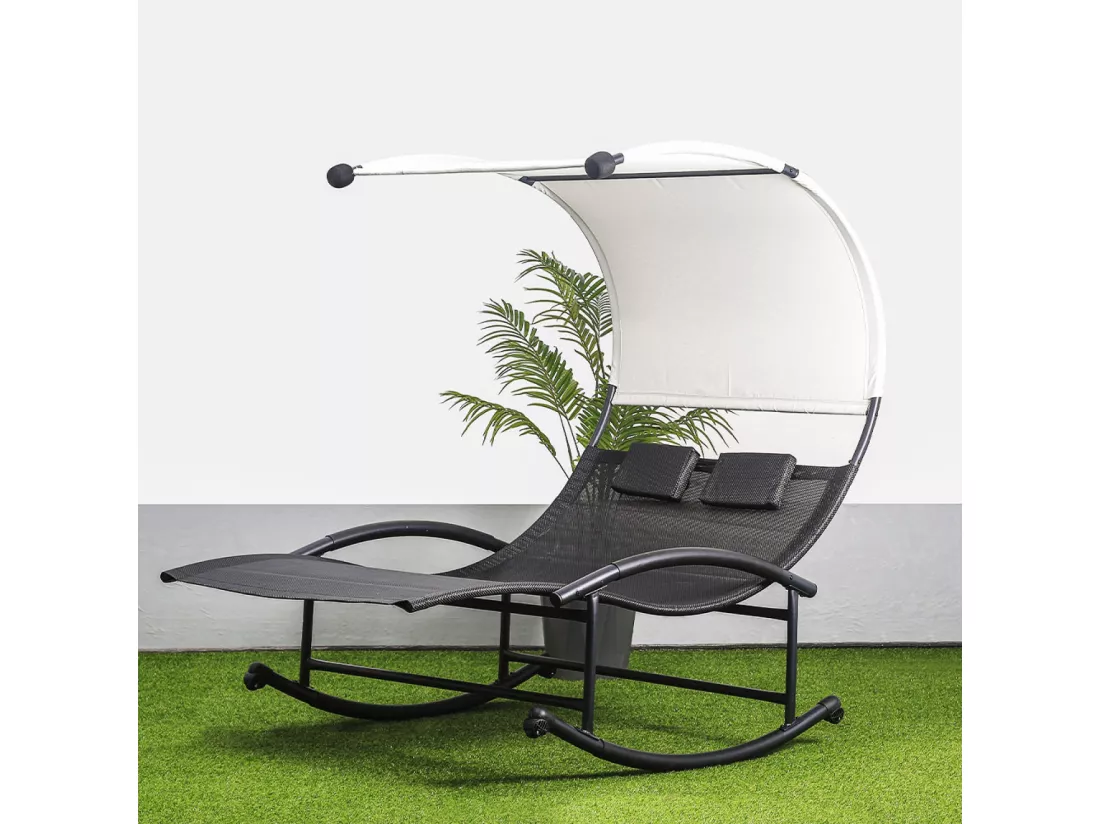 Transat de jardin double avec auvent noir écru ESSAOUIRA