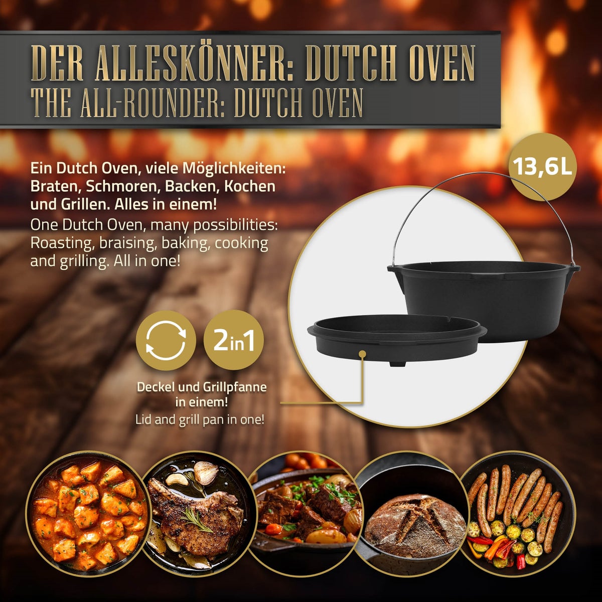 BBQ#BOSS Dutch Oven Set BBQ 13,6 liter, gekruide gietijzeren vuurpot, kookpot met deksellifter en roestvrijstalen onderzetter, ovenschaal met gleuf voor thermometer, grillpan voor buiten- en binnengebruik