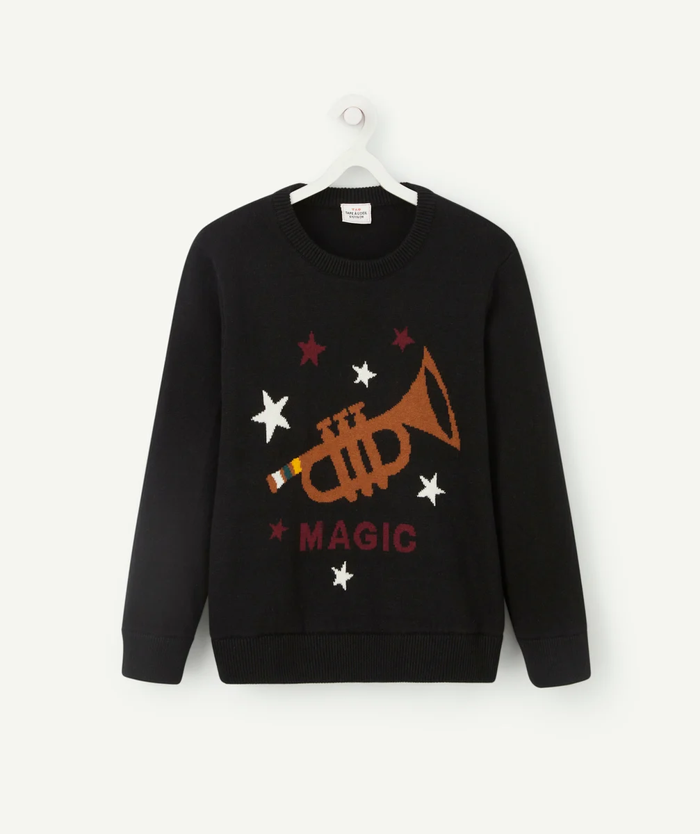 PULL EN TRICOT NOIR GARÇON AVEC MOTIF TROMPETTE