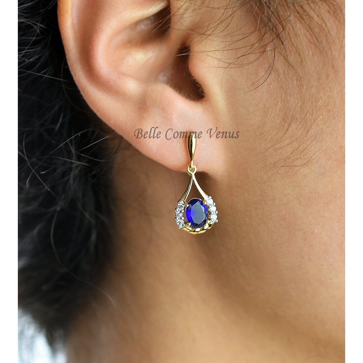 Boucles d'oreilles goutte oxyde de zirconium bleu roi Plaqué OR 750 3 microns 2 tons