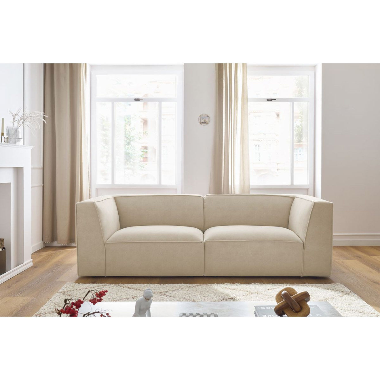 Bobochic Canapé droit fixe 3 places en Velours Molière beige - 233x99x71 cm