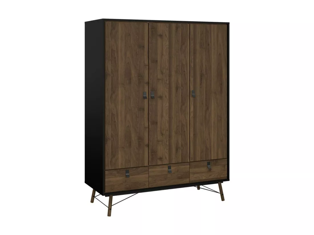 Garde-robe 3 portes Dverdell, Meubles de chambre, Penderie de plain-pied, Placard à vêtements, 150x60 h200 cm, Noir et Noyer