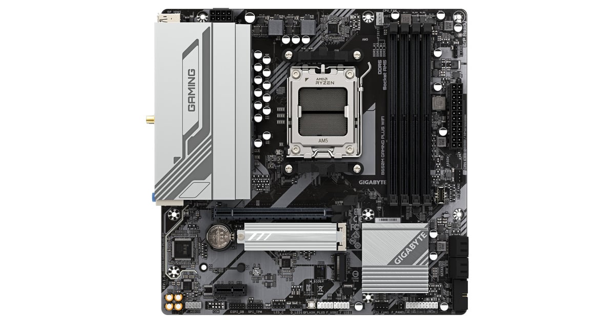 GIGABYTEB650M GAMING PLUS WIFI socket AM5 moederbord  (Zwart/zilver, RAID, 2,5Gb-LAN, WLAN, BT, Sound, µATX)