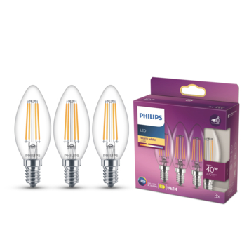 Philips LED kaarslamp transparant E14 40W warmwit licht dimbaar 3 stuks