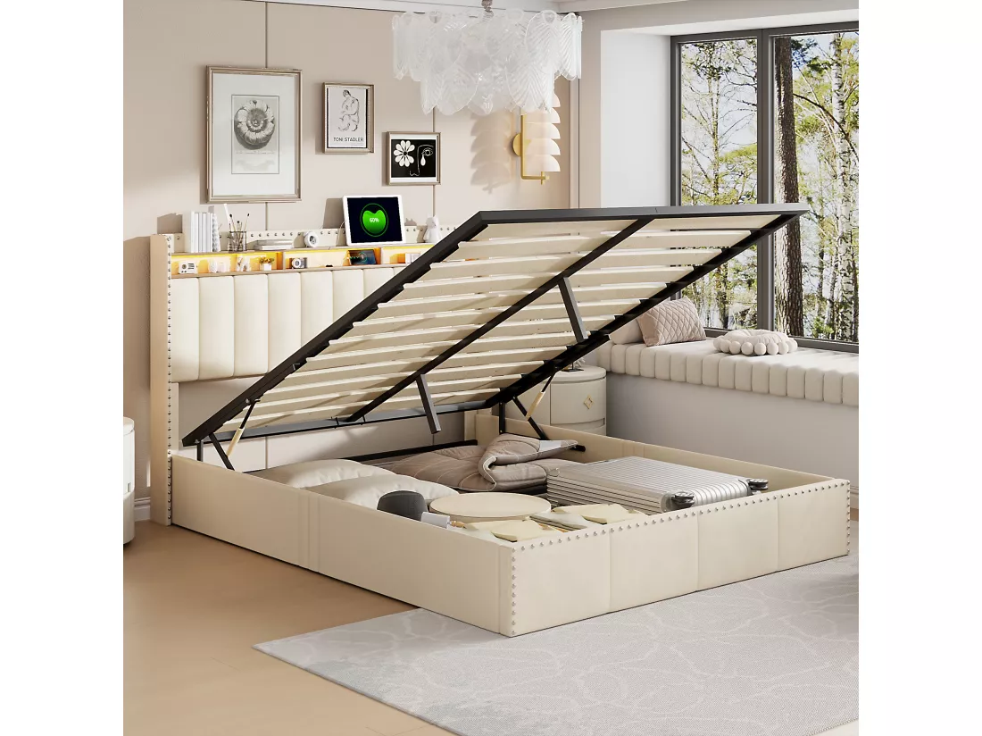 Lit Coffre 140×200cm, Lit Rembourré en Velours Beige, avec Port USB, Port de Type-C et LED, Coffre de Lit Rangement, Sommier