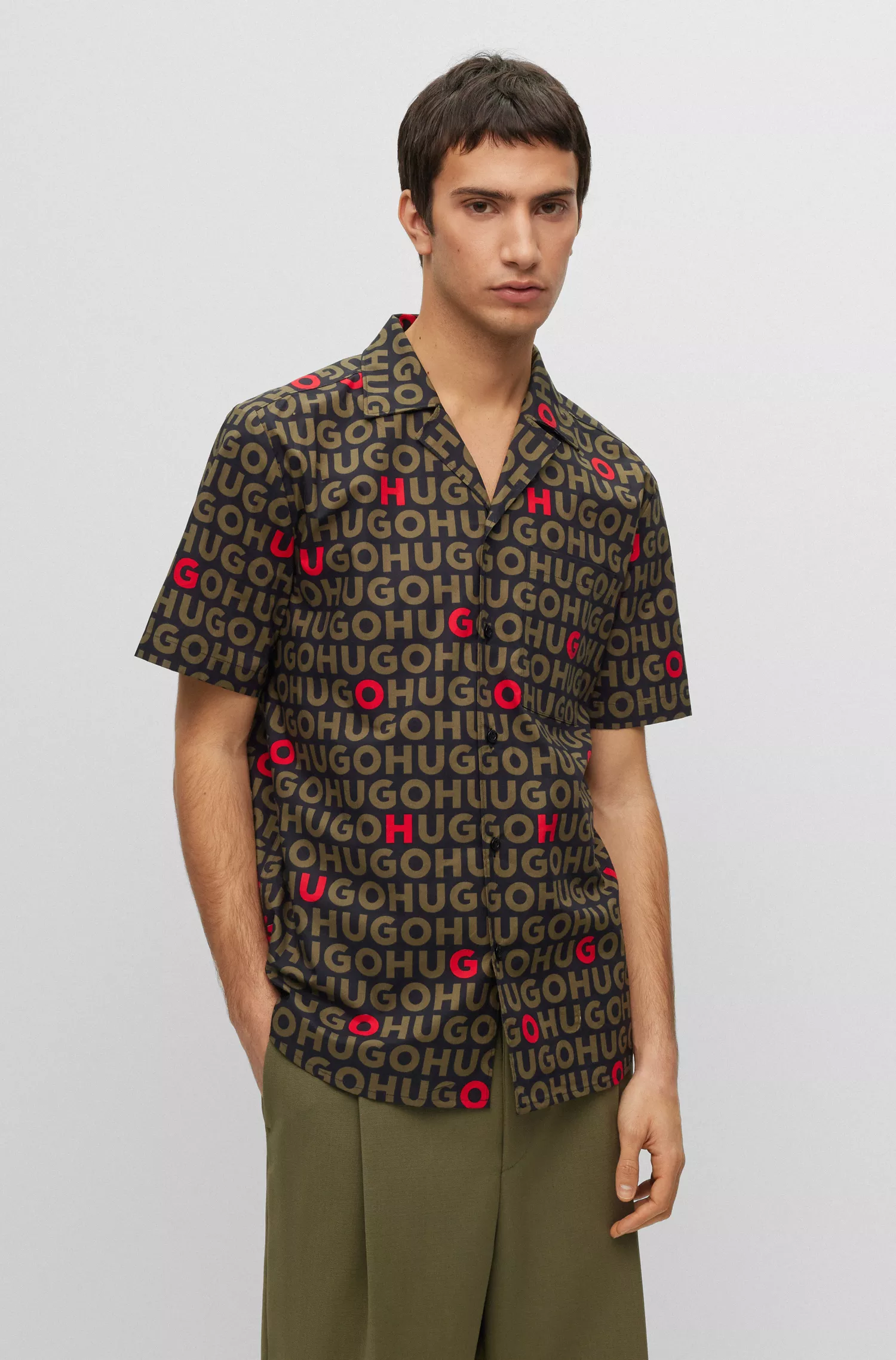 Camisa HUGO vermelha de modelagem relaxada em popeline de algodão com estampa do logo.