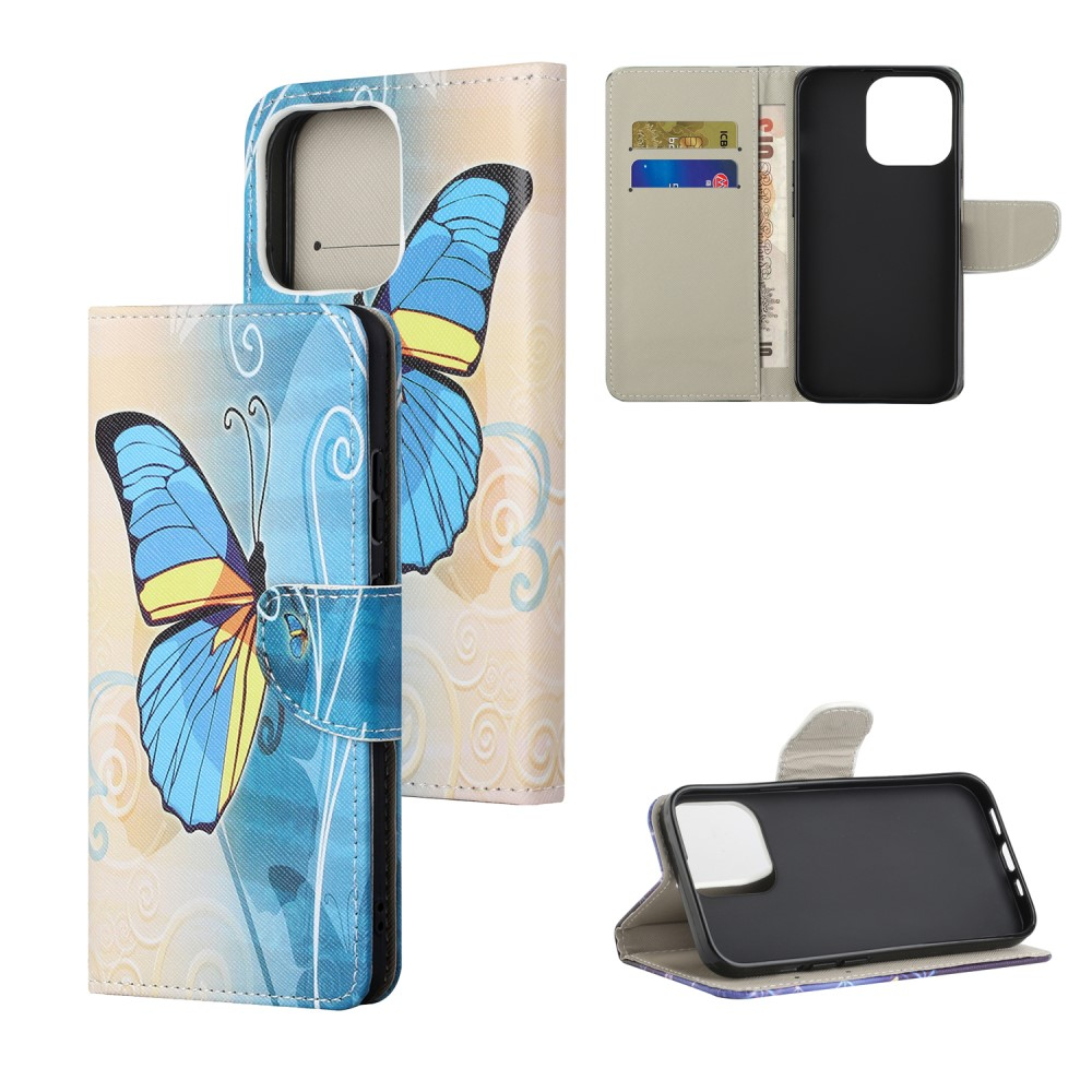 iPhone 13 Leder Tasche mit Kartenfach Schmetterling - Blau
