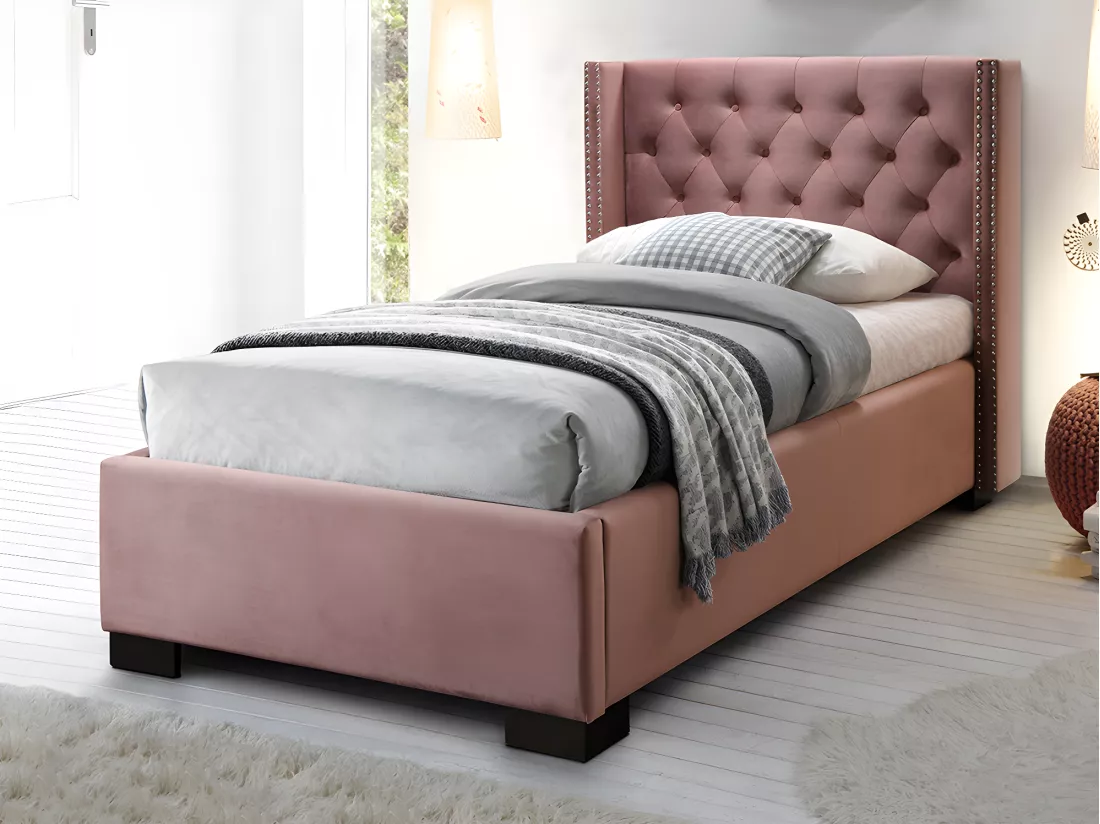 Lit avec tête de lit capitonnée - 90 x 200 cm - Velours rose + matelas - MASSIMO II