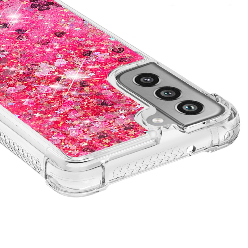 Samsung Galaxy S21 FE 5G Hardcase Hülle mit Air Cushion Fallschutz Liquid Case Glitzer Herzen - Pink / Transparent