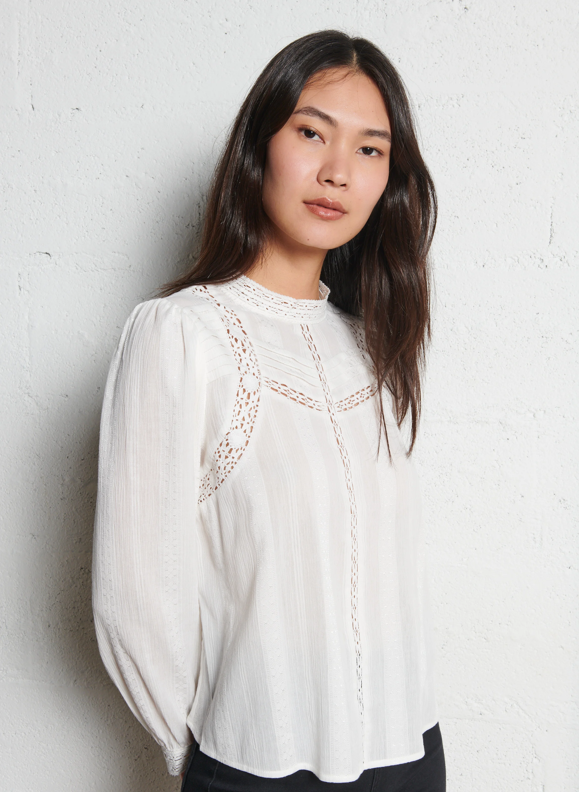 Blouse ample broderies perles en coton mélangé | Blanc