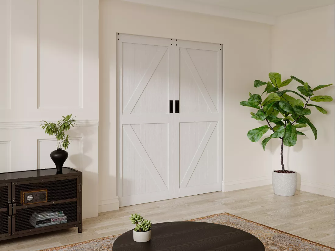 Porte coulissante double avec système à galandage en bois et MDF - blanc - 2 x H205 x 93 cm - NEFARA