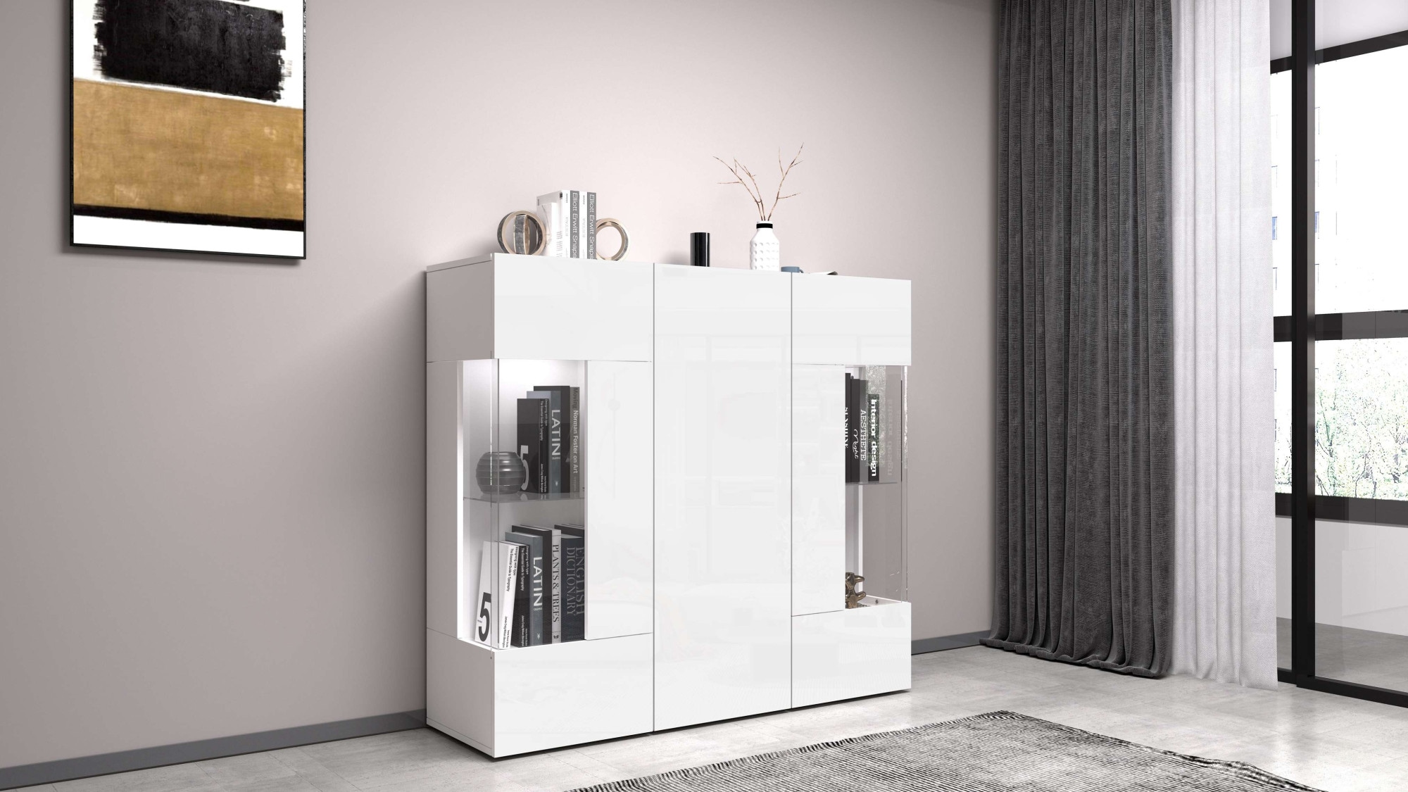 INOSIGN Highboard »Egypt, Highboard, Hochschrank, Hochkommode, Vitrine« mit 3 Türen davon 2 mit Glaseinsatz,kompl. Hochglanz lack.,Breite 135