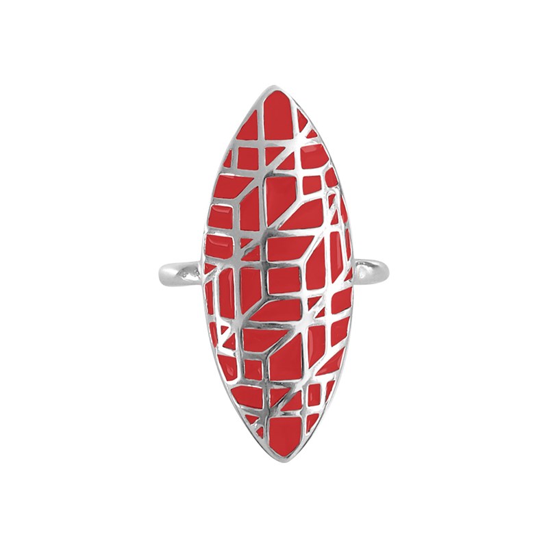 Bague marquise en argent rhodié avec émail rouge
