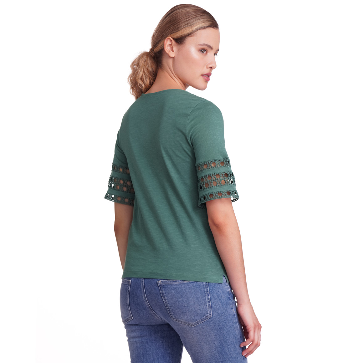 Gina Damen T-Shirt mit Häkelspitze dunkelgrün
