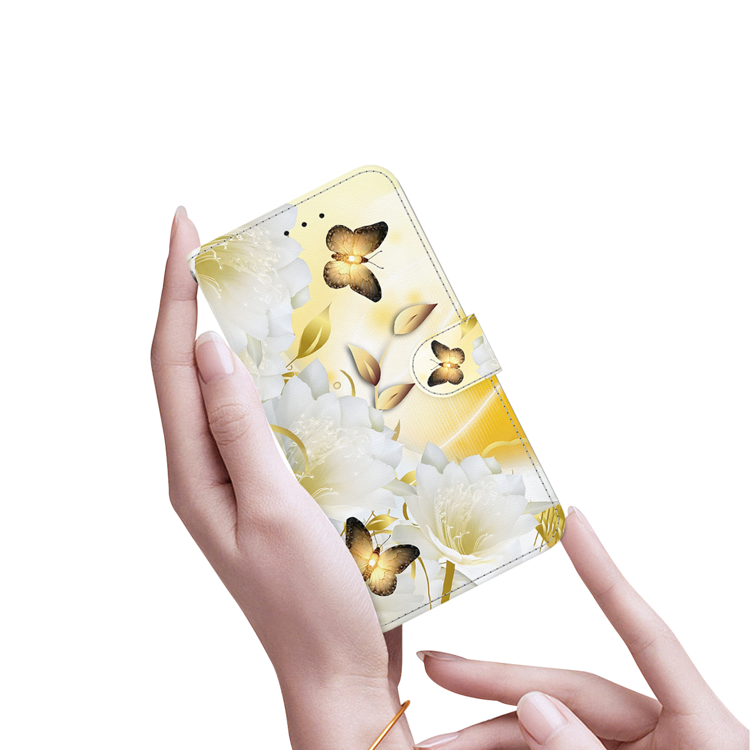 Samsung Galaxy S24 FE Leder Tasche mit Kartenfach   Handschlaufe - Goldene Schmetterlingsblumen