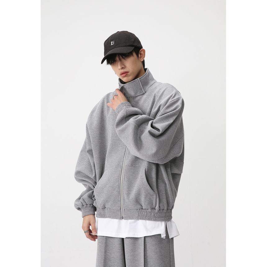 FAERIS - Mock-Neck Plain Zip-Up Jacket / High Waist Wide Leg Pants