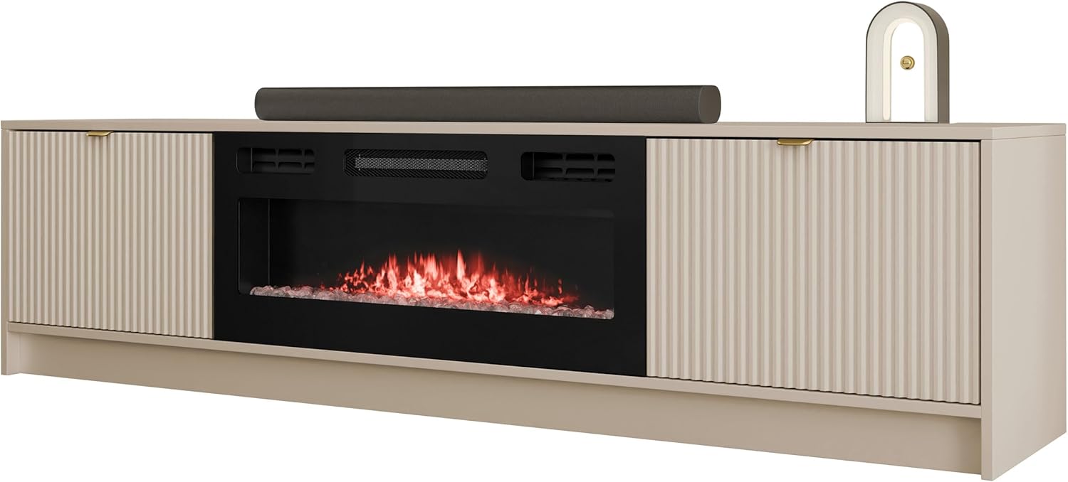 Mirjan24 TV Schrank Tireno EF mit Elektrischem Kamin mit Heizung, Realistische LED-Flamme, 2 Klappe, gefräster Front, Fernsehschrank, TV Lowboard Fernsehtisch (Sandbeige)