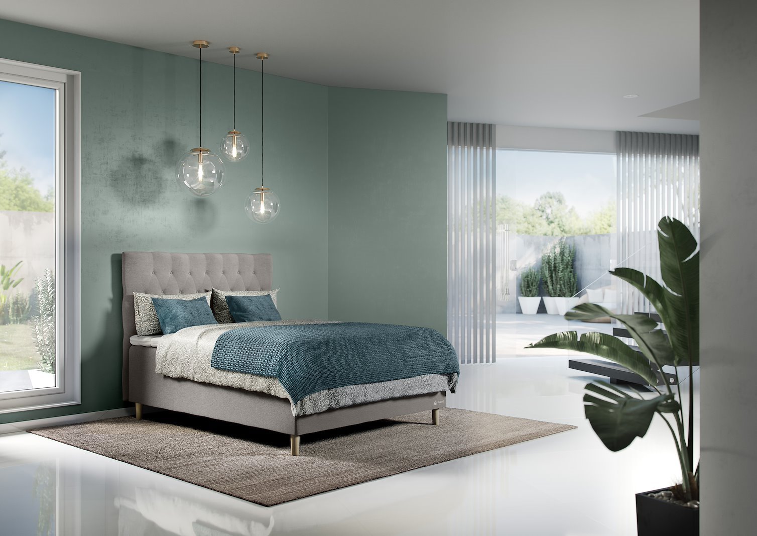 Svane® Corinne Exclusive Kontinentalseng 150x200 cm Tekstil Moment Ice Grey, Earth Elastec® overmadrass og Pin ben 14cm Oak, gavl selges separate
