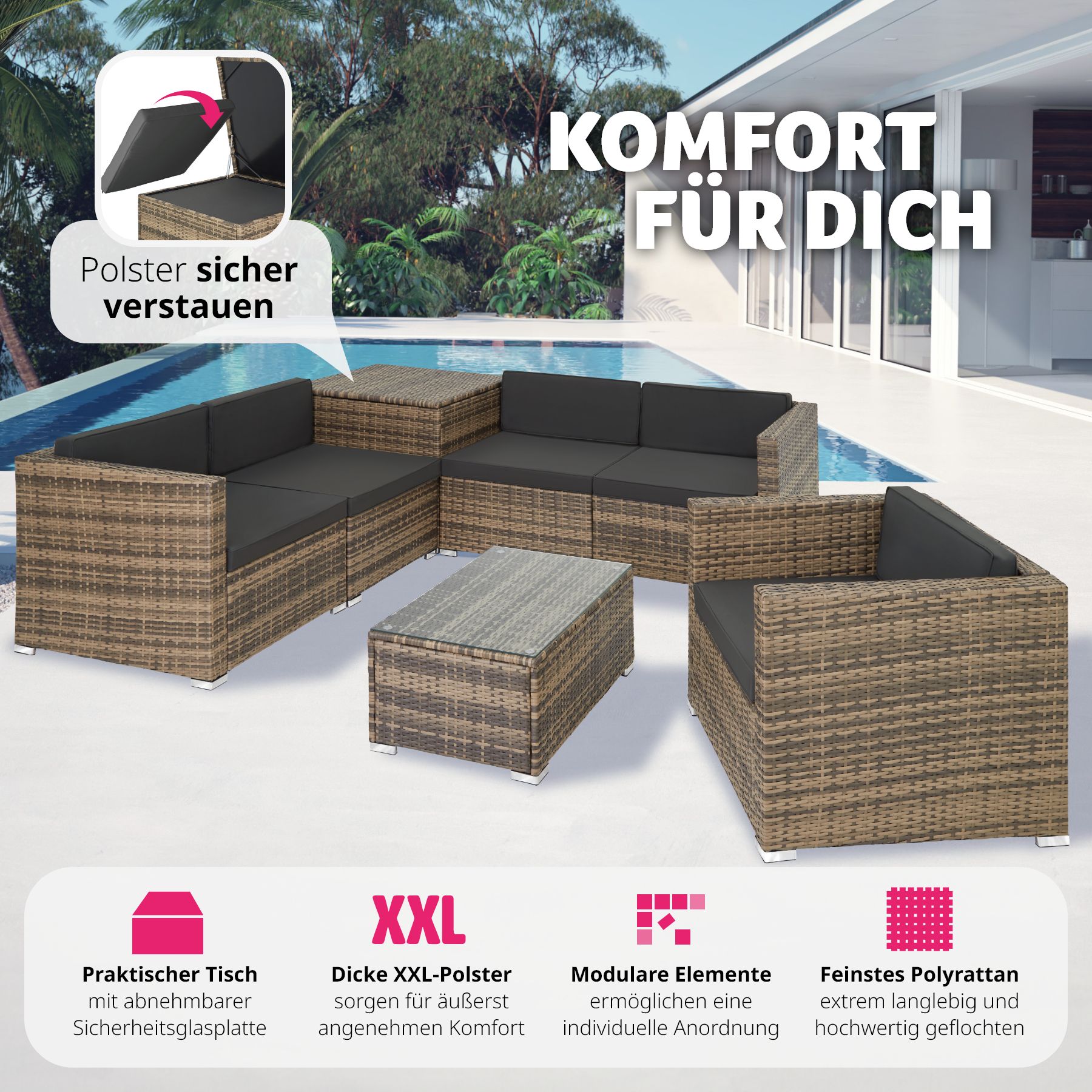 tectake® Rattan Lounge, für 5 Personen, Dicke der Polster 8 cm, inklusive großer Aufbewahrungsbox