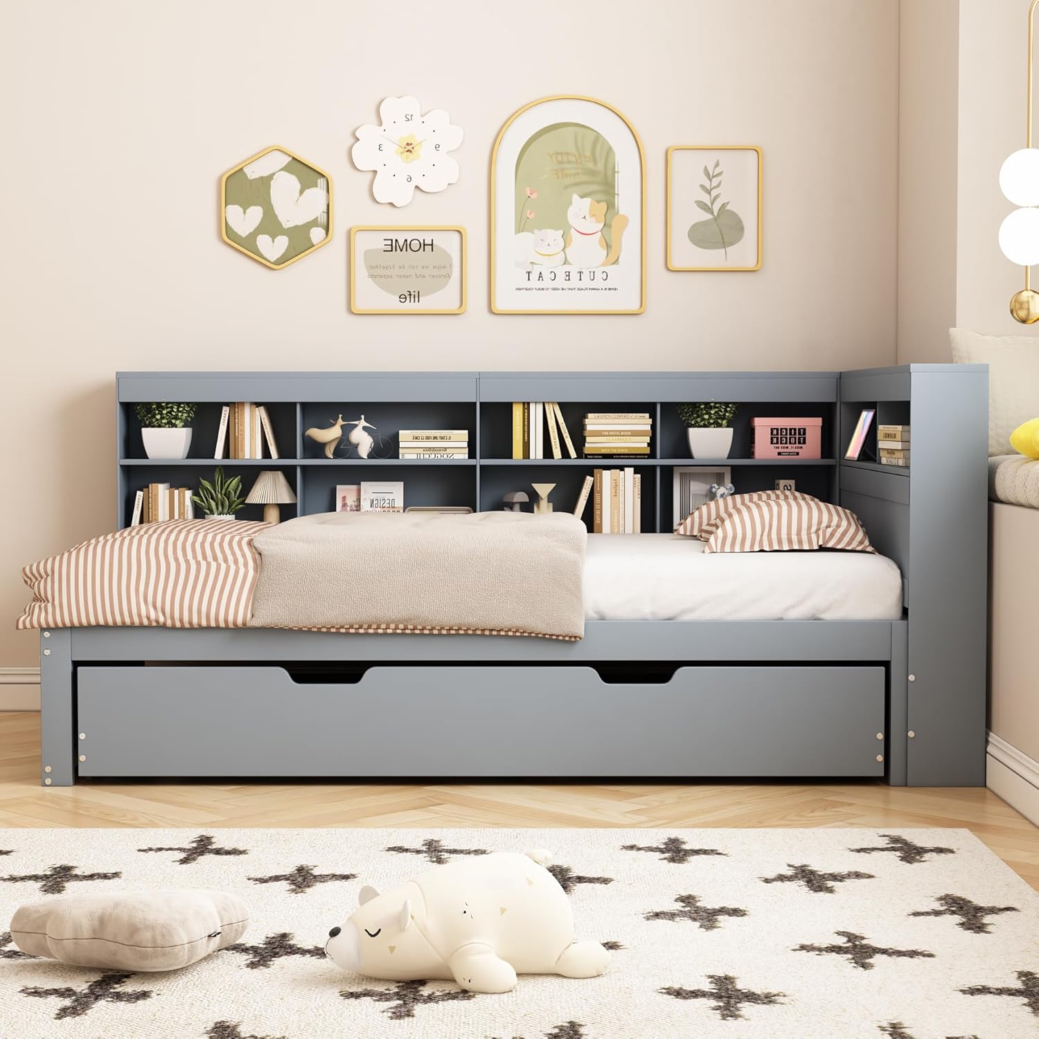 Schlafsofa 90x200, Ausziehbares Bett 90x190 mit USB-Steckdose und Mehreren Ablagefächern, Massivholzbett, Einzelbett, Holz-Multifunktionsbett (Grau)