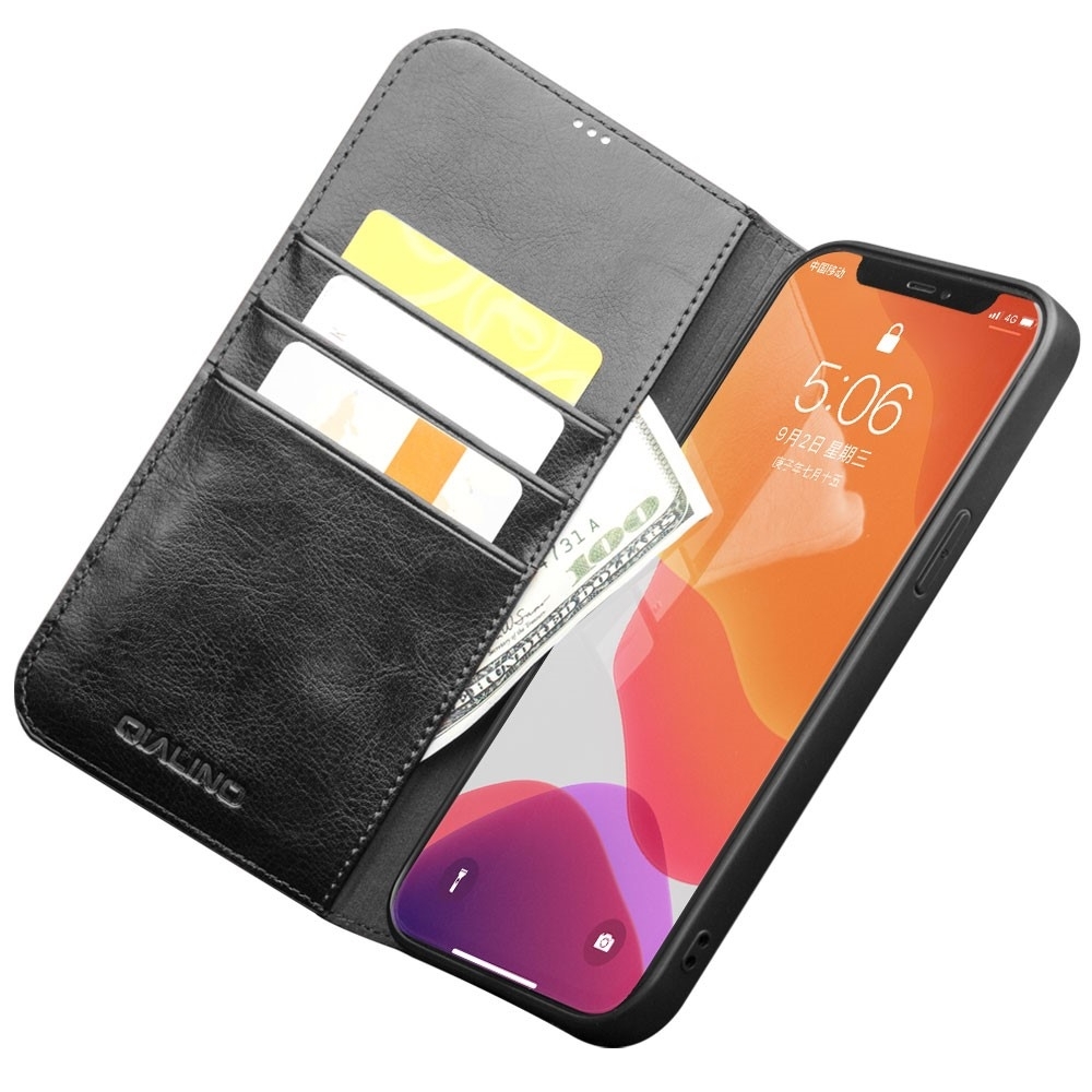 iPhone 12 / iPhone 12 Pro Echtleder Tasche Flip Cover mit Kartenfächer - Schwarz