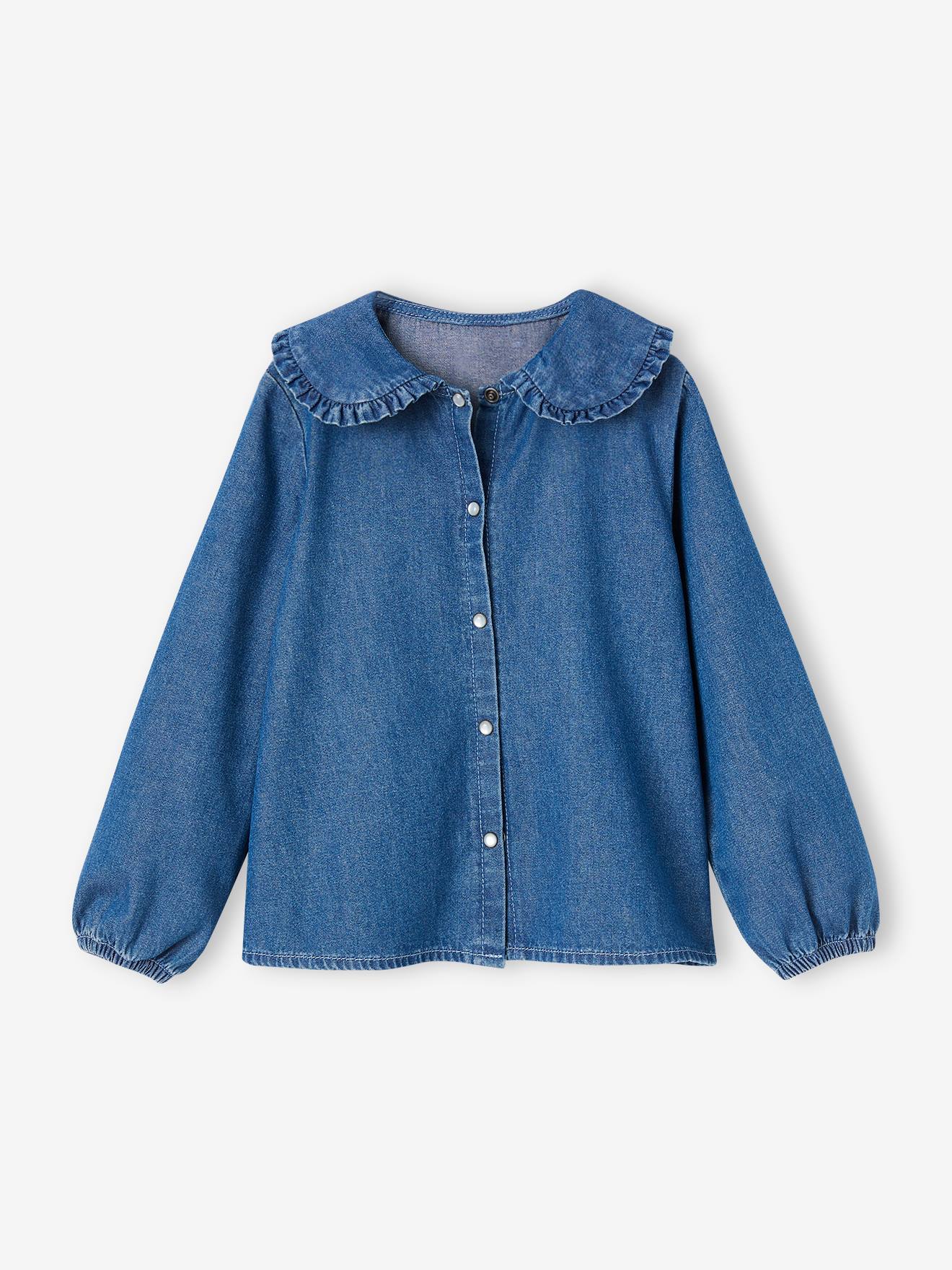 Blusa jeans com gola Peter Pan grande e babado para meninas (cor pedra)