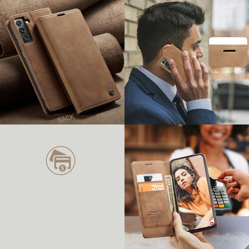 Samsung Galaxy S21 FE 5G Leder Tasche Flip Wallet Etui mit Kartenfächern - Hellbraun