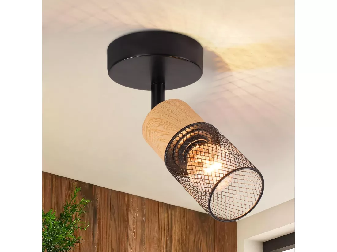 NETTLIFE Spot de plafond bois E14 plafonnier 350° spot mural orientable lampe de cuisine vintage