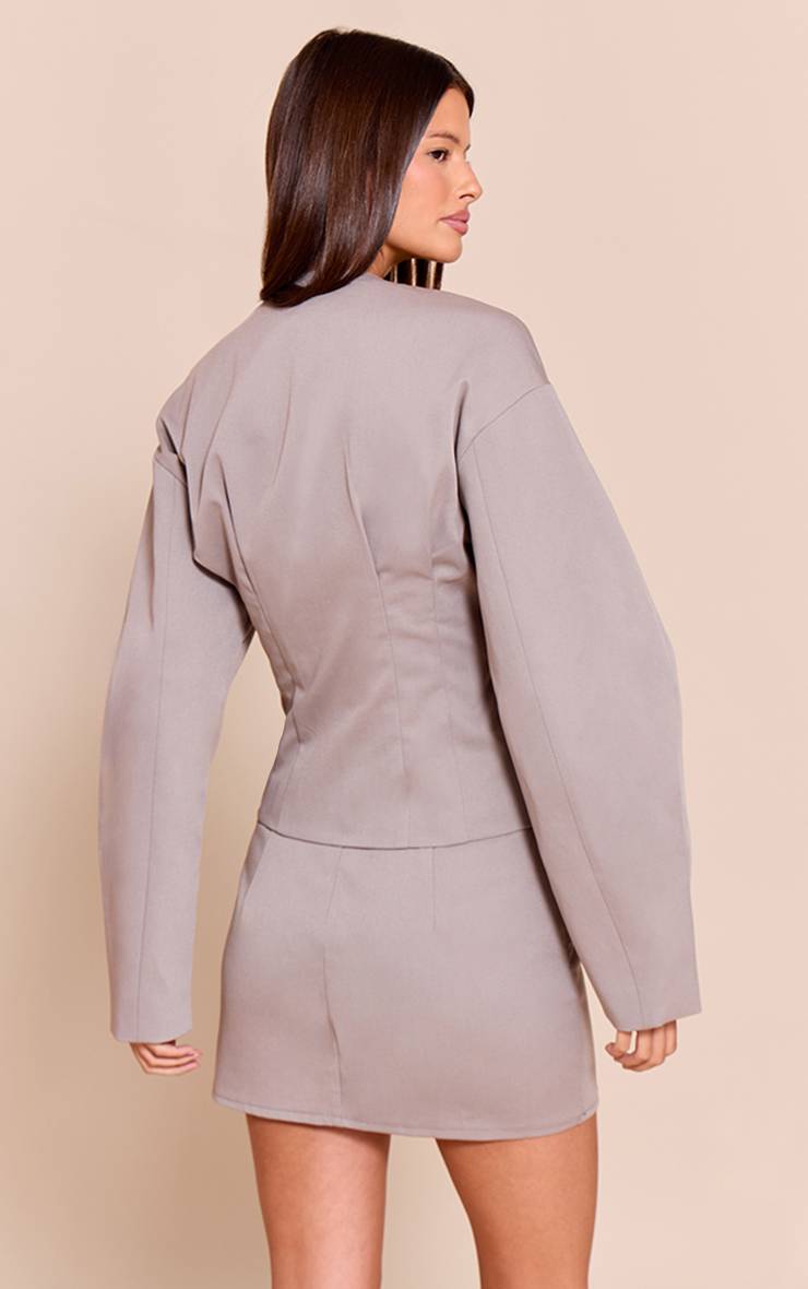 Taupe Blazer Ajusté Tissé Boxy À Manches Ballon
