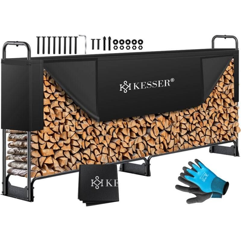 KESSER Kaminholzregal Metall Brennholzregal außen Stahlrahmen + Abdeckung & Handschuhe Kaminholzunterstand 200kg Wasserdichter Holzlager