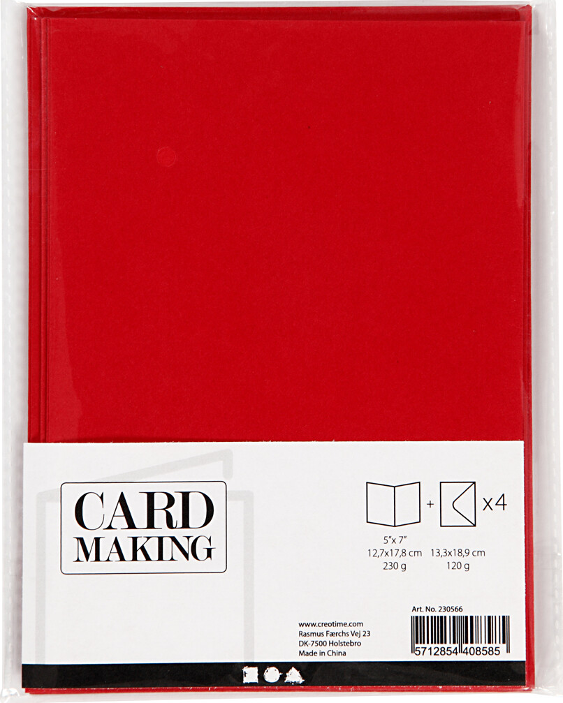 Kort Og Kuverter - Kort Str. 12,7X17,8 CM - Kuvert Str. 13,3X18,5 CM - 230 G - Rød - 4 Sæt